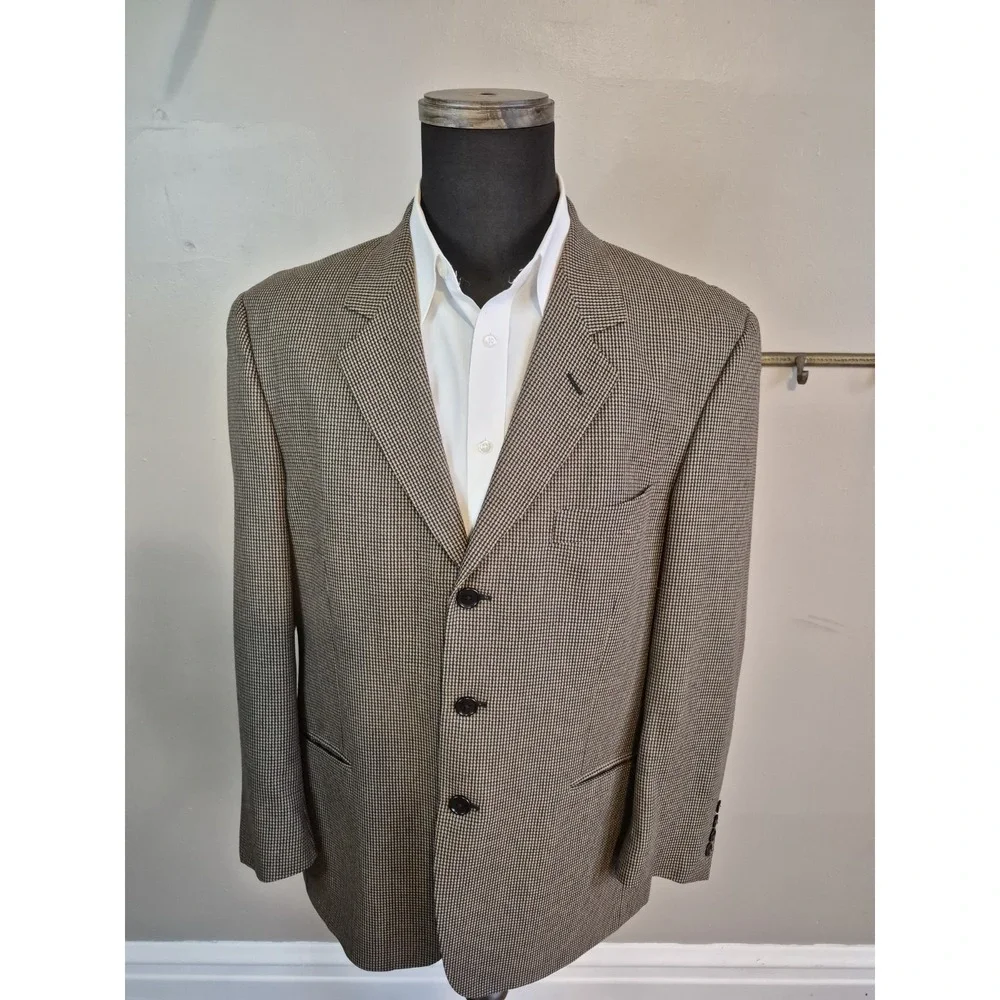 Santorelli Mens Wool Sports Coat 42S Beige Italy 3 Button Check Blazer
